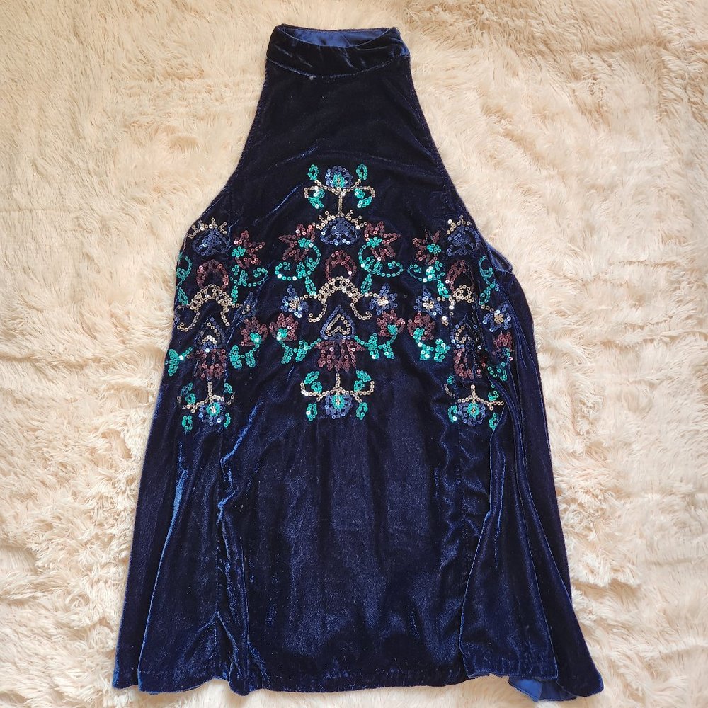 Free People Dark Blue Velvet Sequin High Neck Mini Dress - Size XS